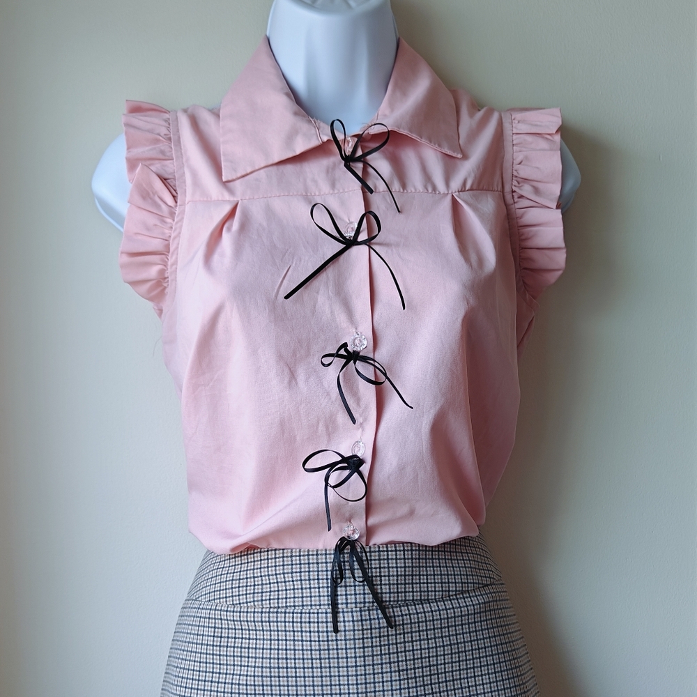 Allegra K Pink Ruffle Sleeveless Dress Shirt